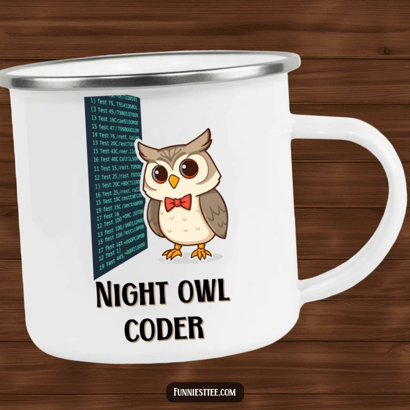 Funny curious owl wearing a bow tie peering at lines of code on a screen, coding humor on enamel camping mug.