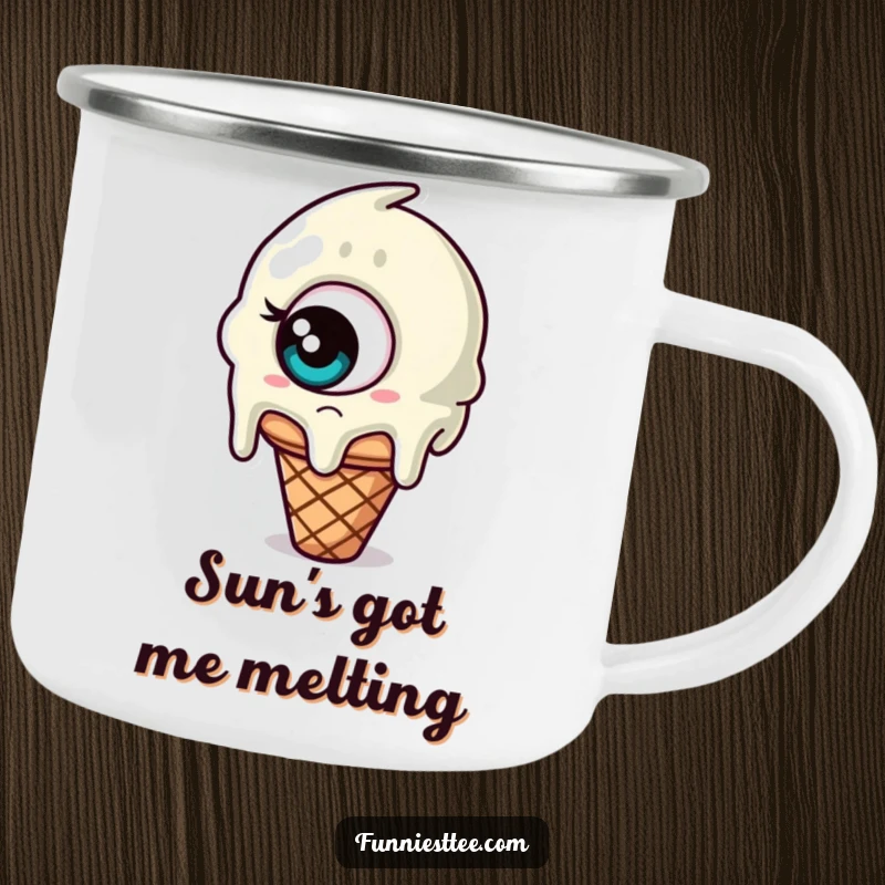 Funny camping mug featuring a melting ice cream cone with one giant, confused eye, bringing sweet bewilderment to outdoor excursions.