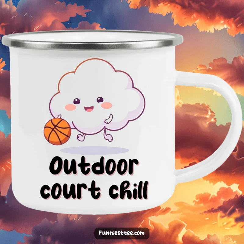 Funny happy cloud dribbling a basketball with its puff on a camping mug, a humorous and durable outdoor mug.
