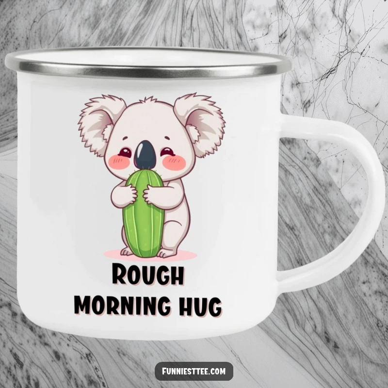 Funny koala camping mug showing a koala embracing a cactus, perfect for outdoor enthusiasts who enjoy hilarious and sturdy drinkware.