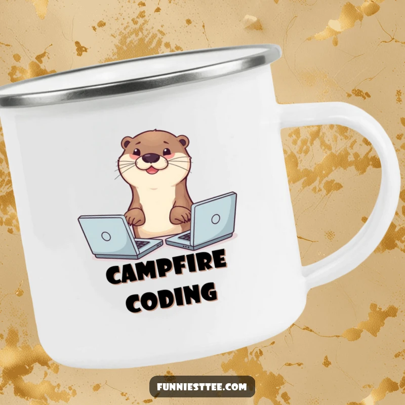 Funny smiling otter typing with two paws on multiple laptops simultaneously, busy animal humor on enamel camping mug.