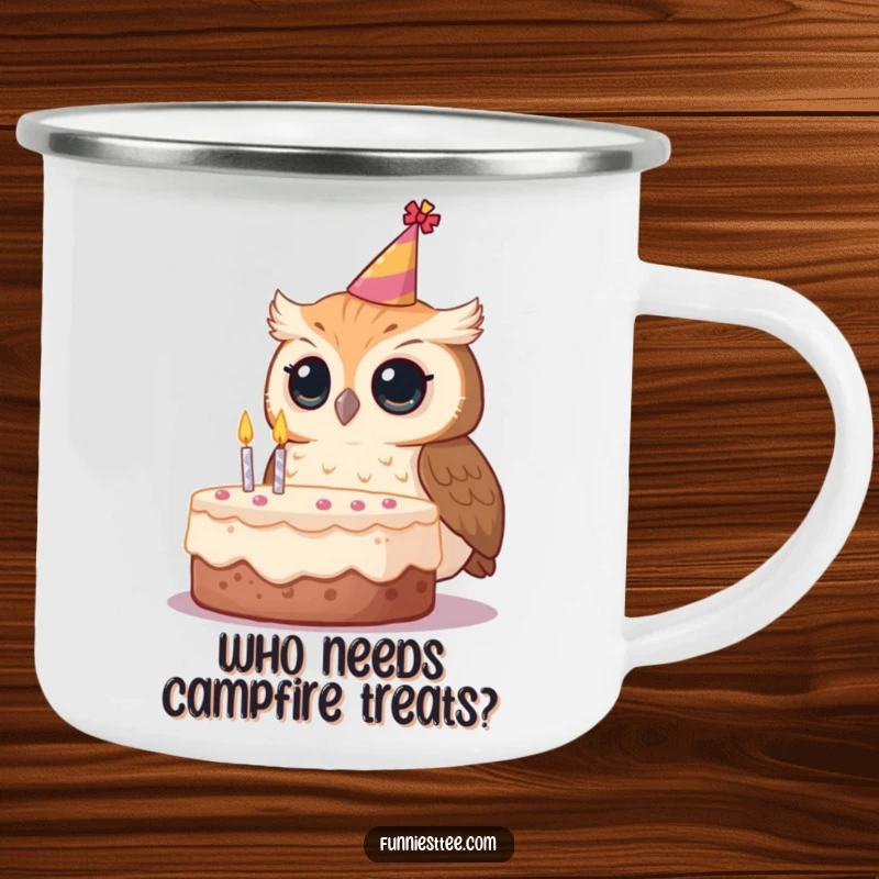Funny owl camping mug, a curious owl in a party hat looking at a birthday cake.