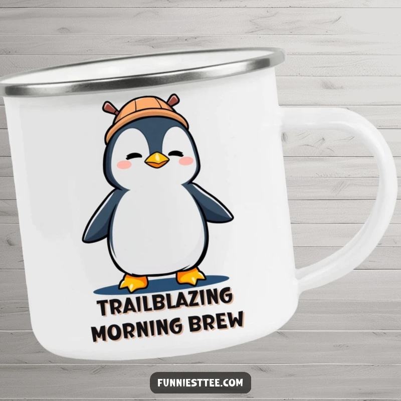 Funny camping mug depicting a determined penguin wearing a propeller hat, marching with gusto.