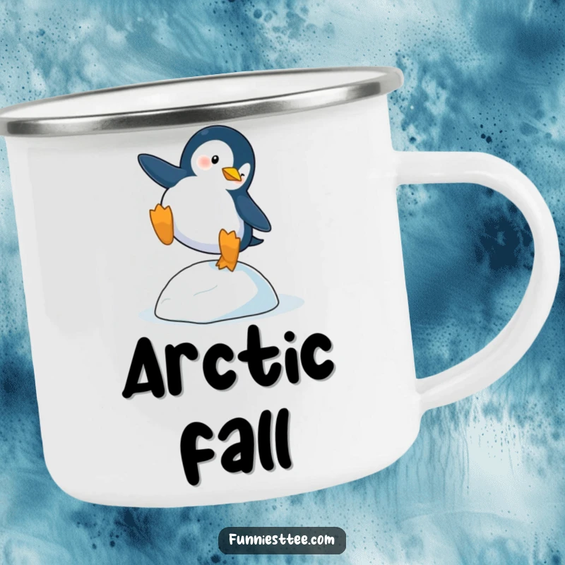 Funny Penguin Trip Camping Mug: A penguin dramatically trips over a single icy pebble, perfect for outdoor fun.