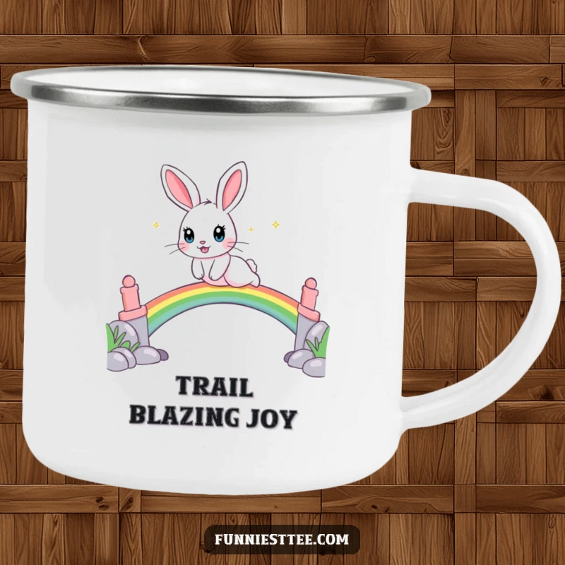 Funny camping mug with a playful rabbit, sparkling eyes, leaping over a rainbow bridge, for magical outdoor drinks.