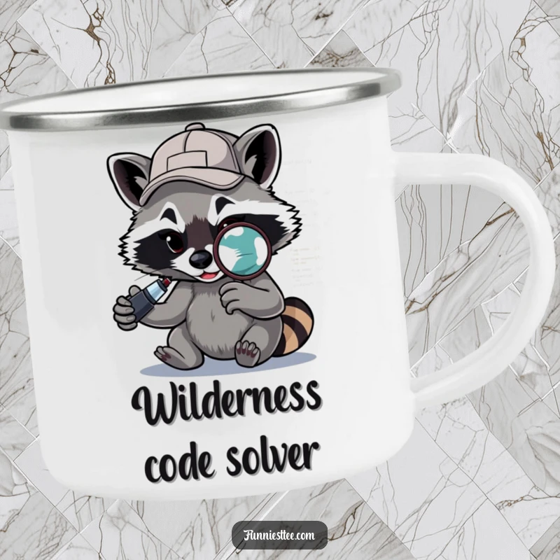 Funny Raccoon Camping Mug: A determined raccoon with a backward cap uses a magnifying glass to debug code outdoors.