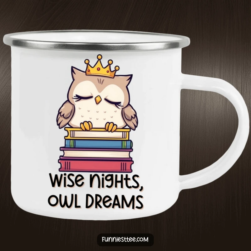 Funny sleepy owl camping mug with a crown, dozing on books, a humorous and durable mug for outdoor enthusiasts who appreciate literature.