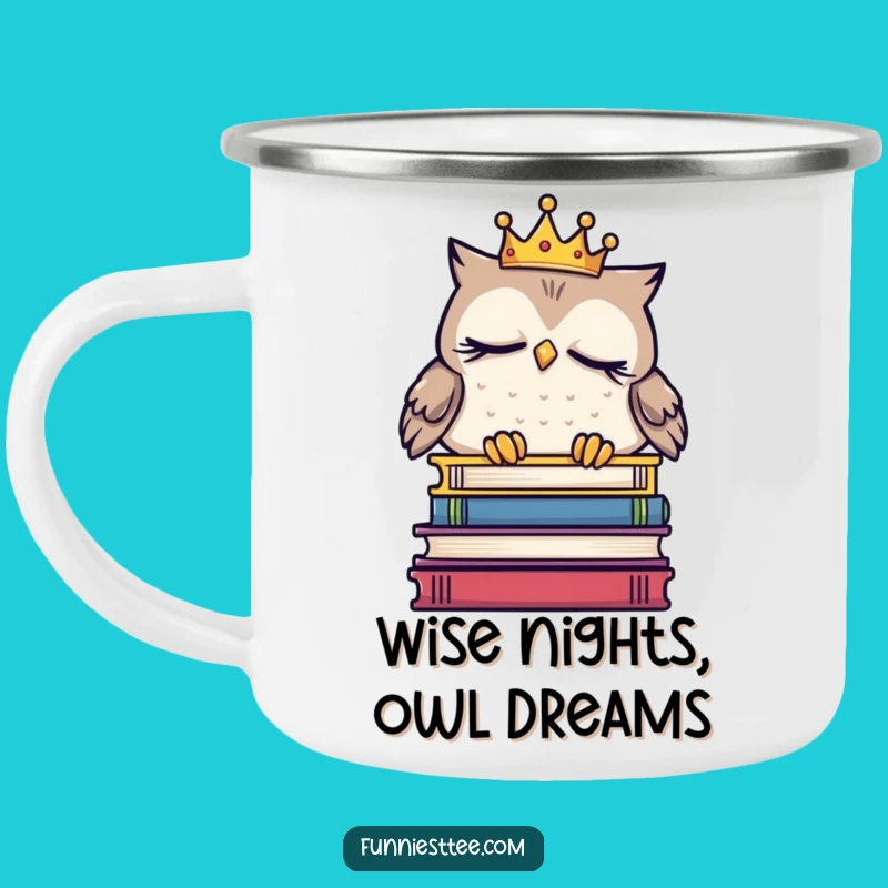 Funny Sleepy Owl Crown Camping Mug - Regal Outdoor Reading Companion