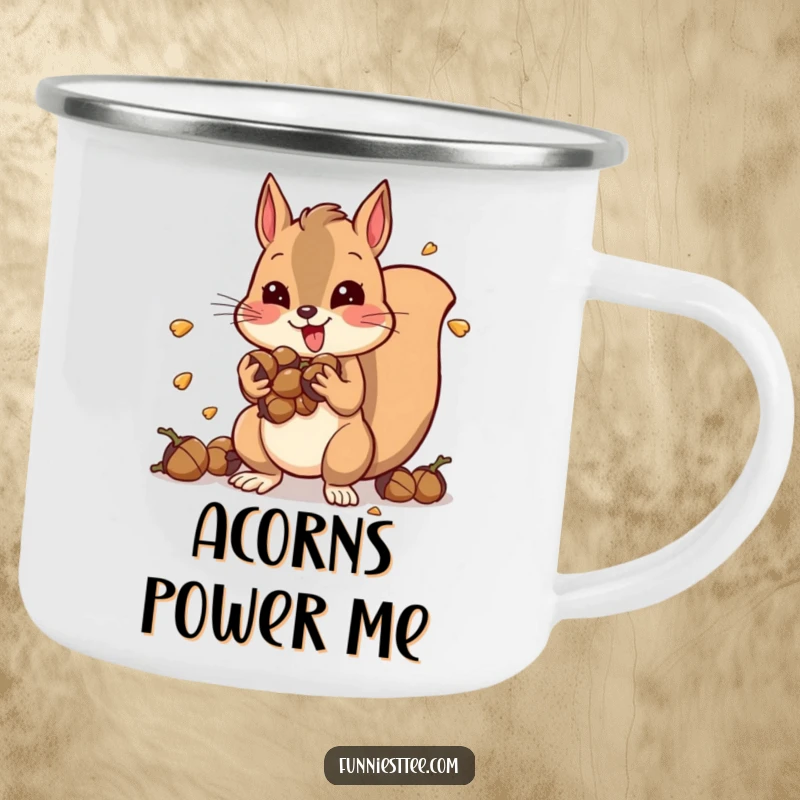 Funny camping mug featuring a hyper squirrel packed with acorns, vibrating with energy, perfect for enjoying drinks during outdoor adventures.