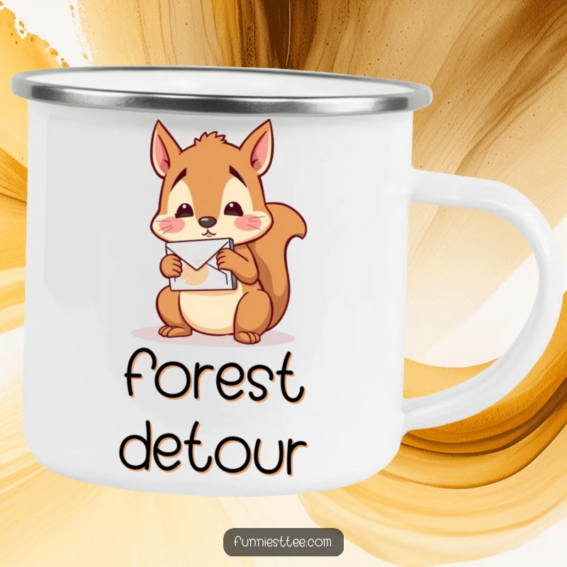 Funny Squirrel Mail Camping Mug: A confused squirrel tries to mail a nut to itself, perfect for outdoor fun.