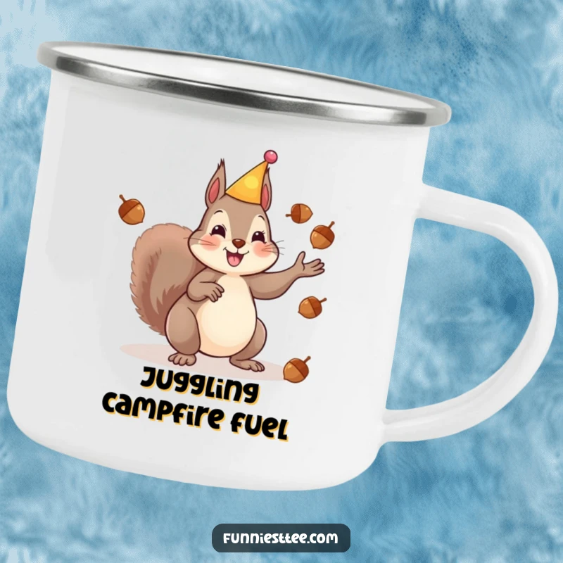 Funny camping mug with a happy squirrel in a party hat juggling acorns, ideal for adventurous sips and celebrating the great outdoors.