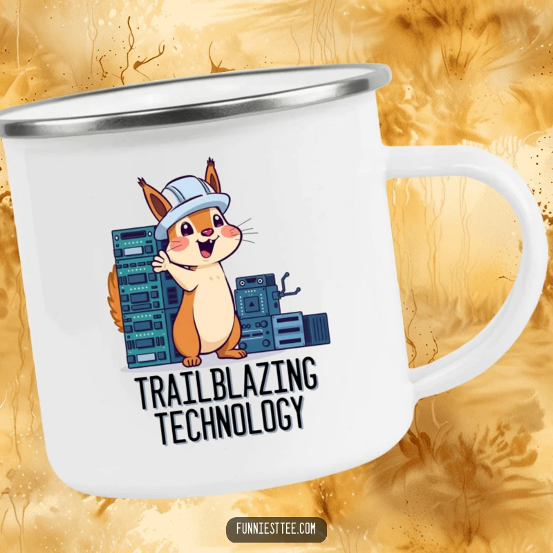 Funny squirrel in a hard hat excitedly gesturing towards a tower of circuit boards, tech humor on enamel camping mug.