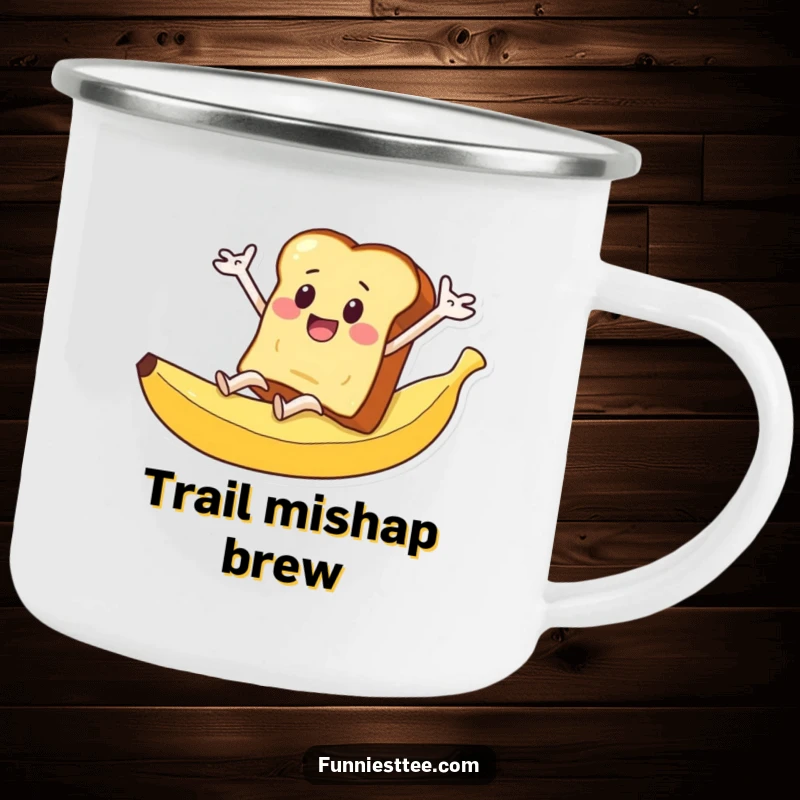 Funny enamel camping mug with a slice of toast character with arms flailing as it slides down a banana peel.