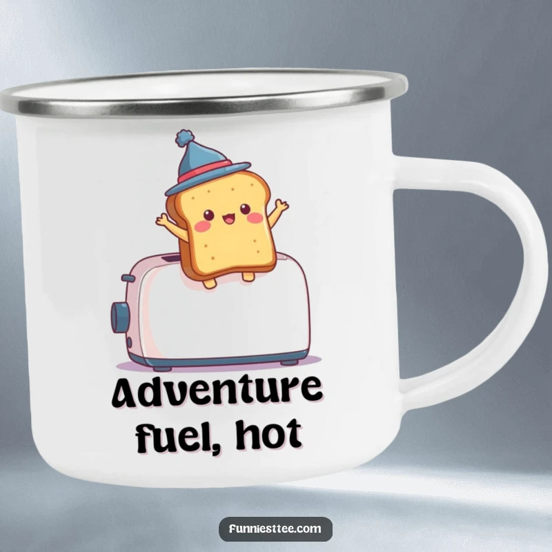 Funny Camping Mug illustration of a piece of toast in a tiny hat dramatically leaping from a toaster in an outdoor setting.