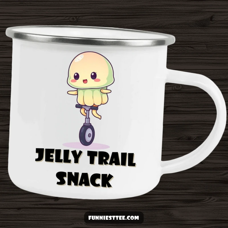 Funny camping mug featuring a wobbly jelly character precariously riding a small unicycle, perfect for outdoor adventures and morning brews.