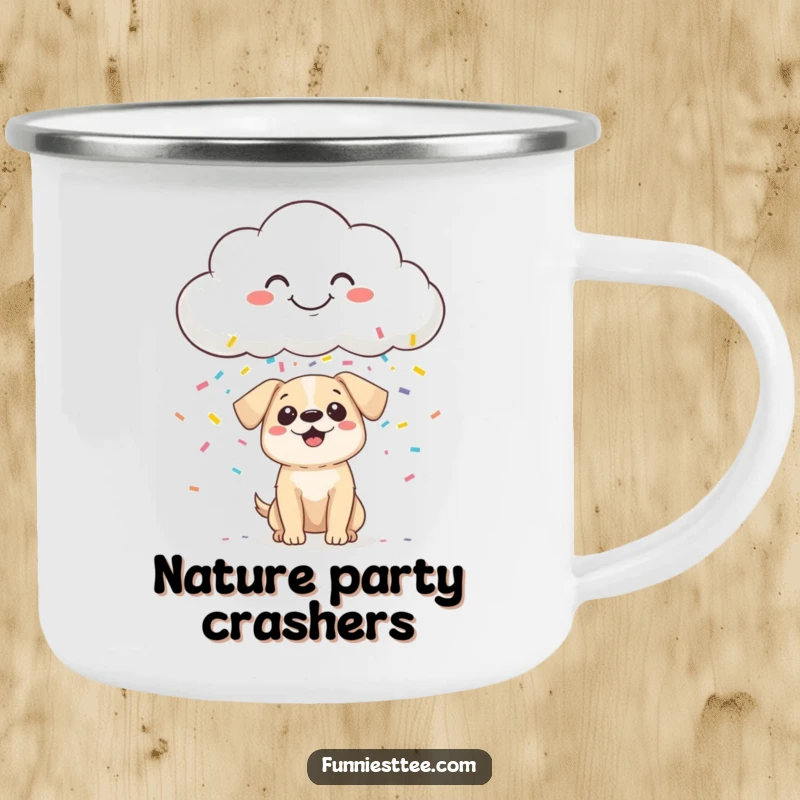 Funny Camping Mug illustration of a smiling cloud raining confetti onto a tiny, surprised dog in a scenic outdoor setting.