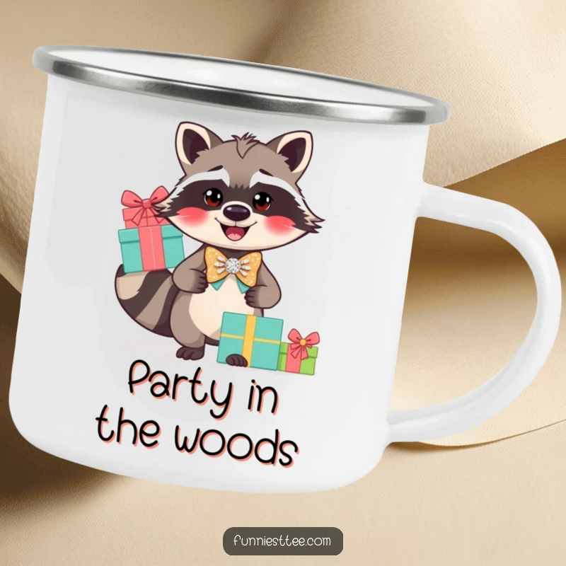 Funny raccoon camping mug, a smiling raccoon in a bow tie balancing gifts, perfect for outdoor drinks.