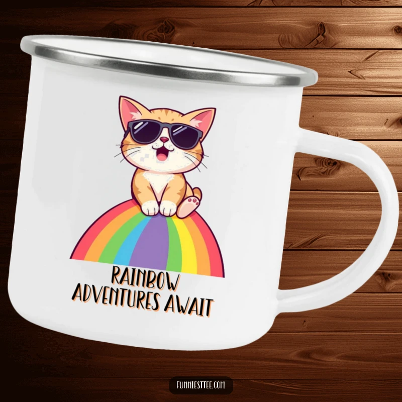 Funny cat wearing sunglasses, sliding down rainbow, durable camping mug, ready for outdoors, radiating humor, excellent gift.