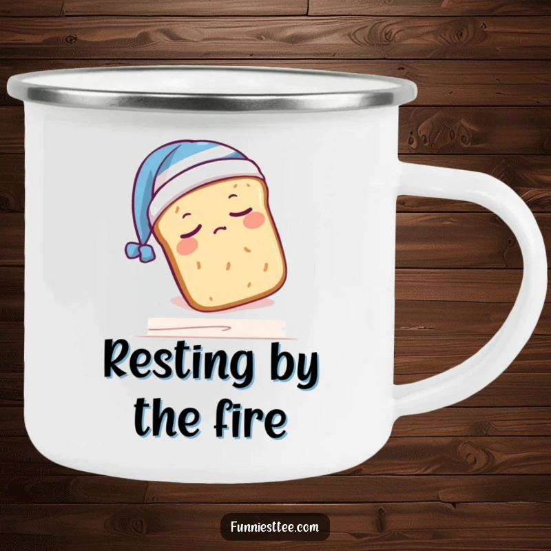 Funny camping mug featuring a sleepy bread loaf in a nightcap, humorously falling off a shelf, perfect for cozy outdoor moments.