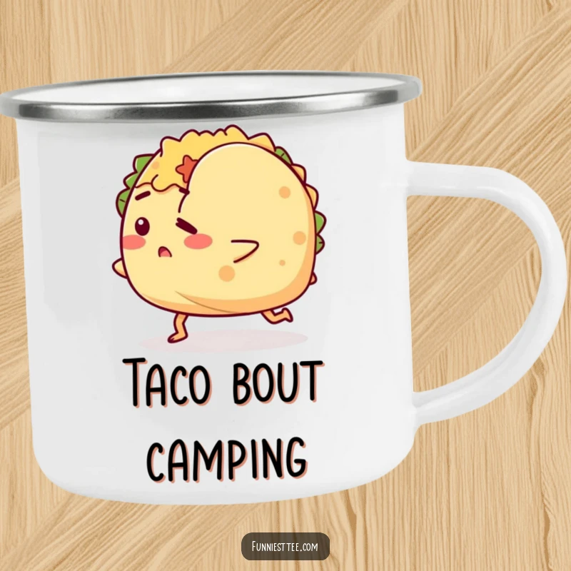Funny camping mug with a determined taco character tripping over its shell, built for outdoor adventures and carrying humorous taco vibes.