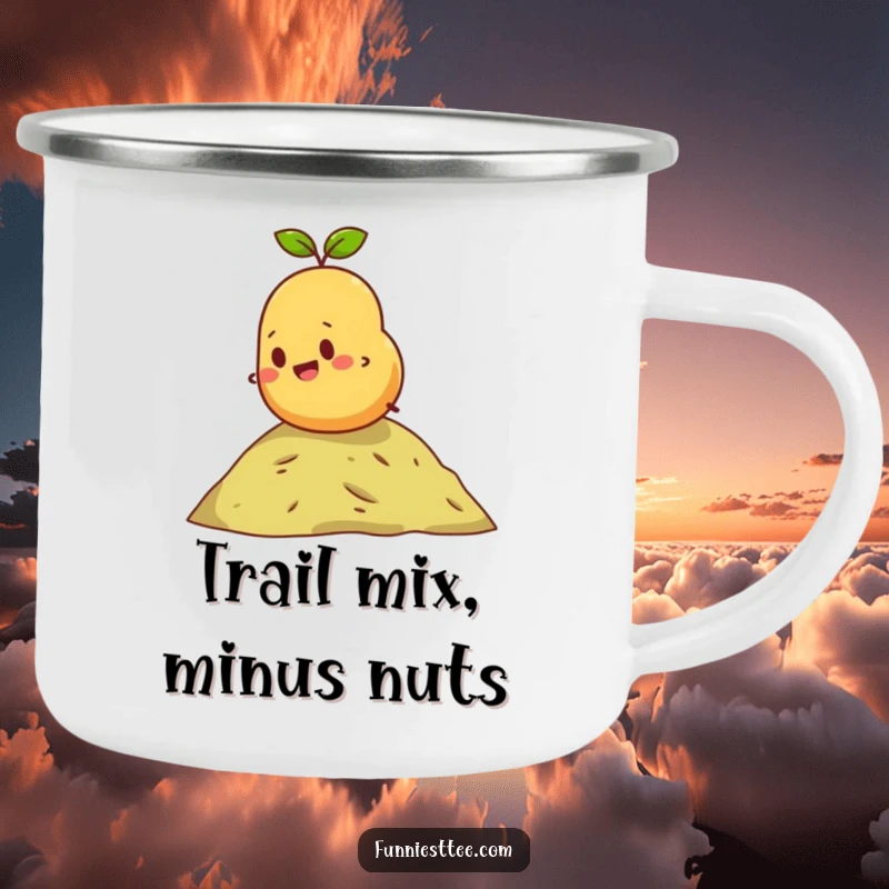 Funny camping mug featuring a happy potato rolling down a hill, perfect for enjoying hot drinks during outdoor adventures with a smile.