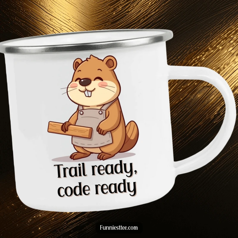 Funny beaver coder wearing an apron, constructing a website with wood planks, durable camping mug for adventures.