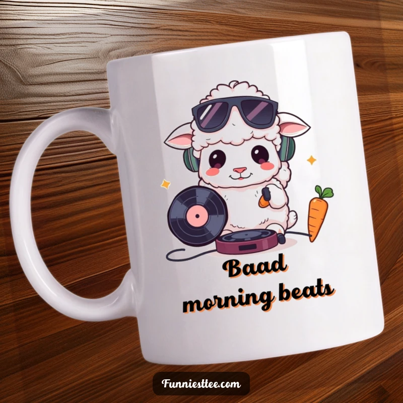 Funny fluffy sheep wearing sunglasses, cooly attempting to DJ with a vinyl record and a carrot, embodying a hip and humorous farm animal vibe.