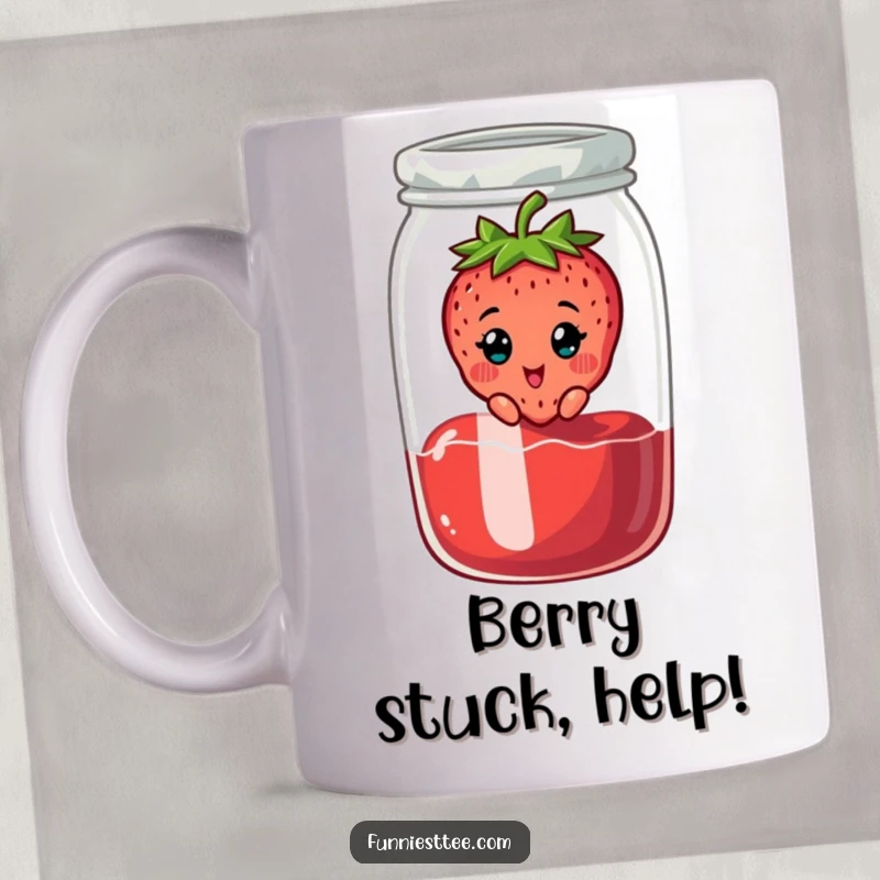 Funny mug featuring a cheerful strawberry character stuck in a jam jar, looking surprised, a delightful and comical scene.