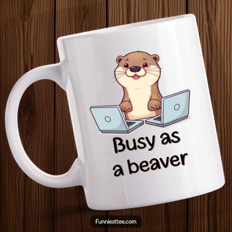 Funny smiling otter typing with two paws on multiple laptops simultaneously, busy animal humor on a mug.