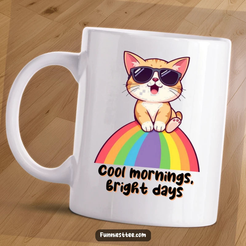Funny surprised cat character, wearing sunglasses, sliding down a rainbow, cool and humorous, perfect gift.