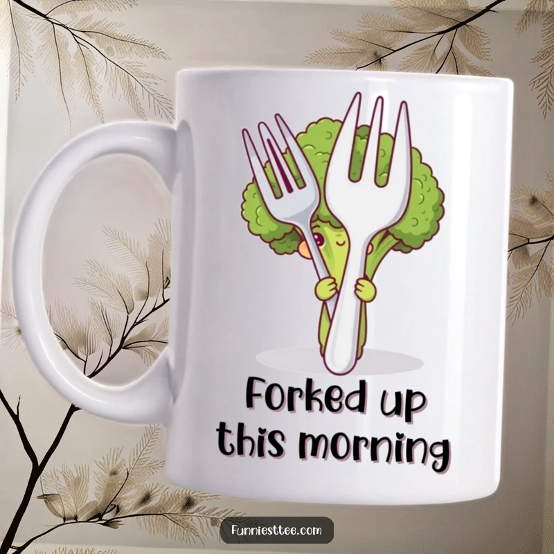 Funny mug with a shy broccoli character hiding behind a giant fork and spoon, conveying an awkward and humorous personality.