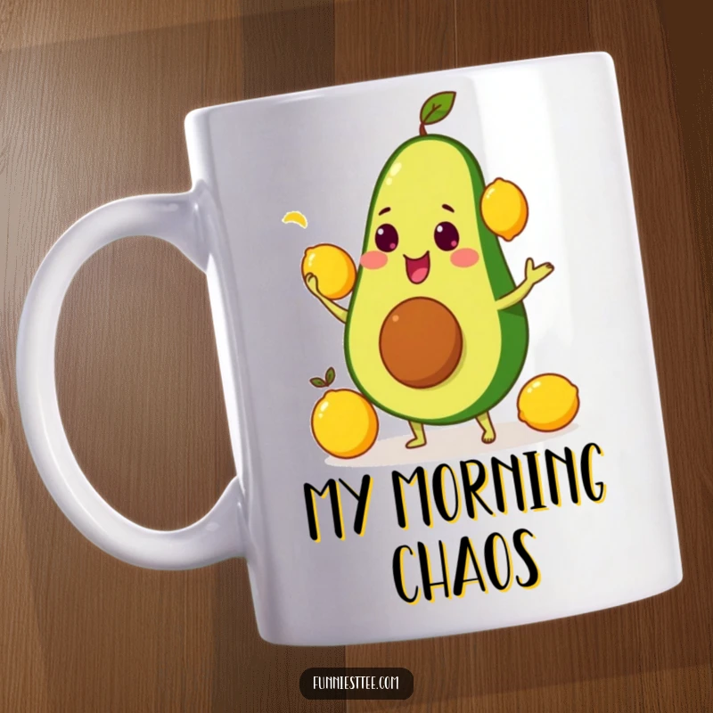 Funny smiling avocado attempting to juggle three bright yellow lemons, a comical and foodie-themed mug.