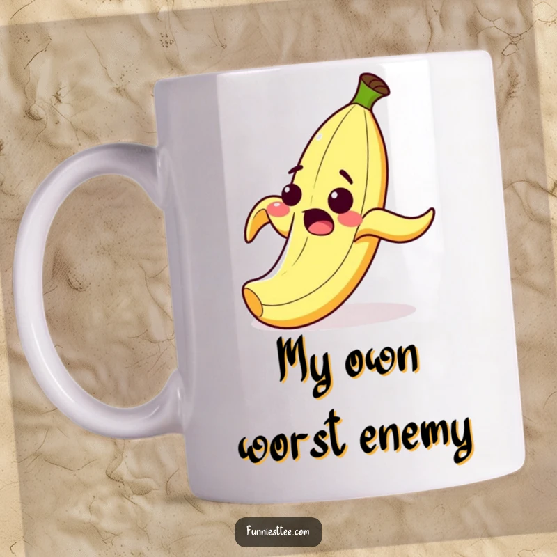 Funny mug featuring a surprised cartoon banana peel with a wide grin, comically slipping on its own peel, a hilarious visual gag.