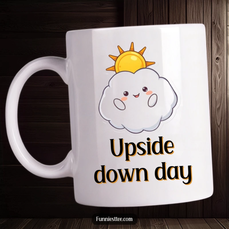 Funny mug featuring a fluffy cloud character happily floating upside down while cradling a shining sun, embodying playful defiance of gravity.