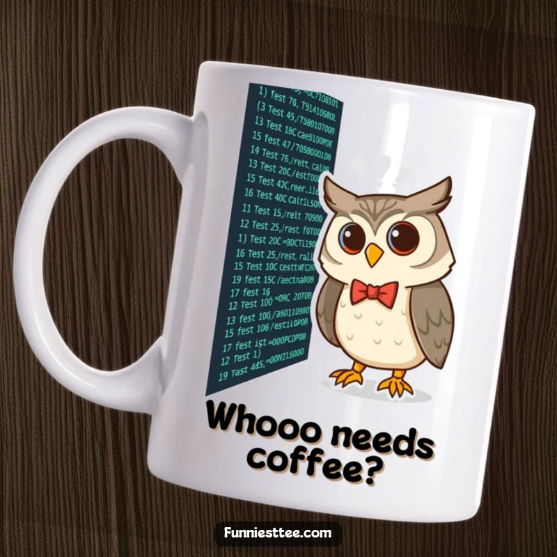 Funny curious owl wearing a bow tie peering at lines of code on a screen, coding humor on a mug.