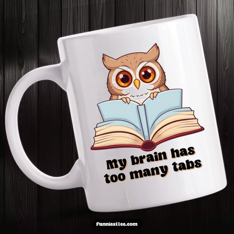 Funny owl mug with wide eyes peeking from a giant, open storybook, capturing a moment of pure literary curiosity and joy.