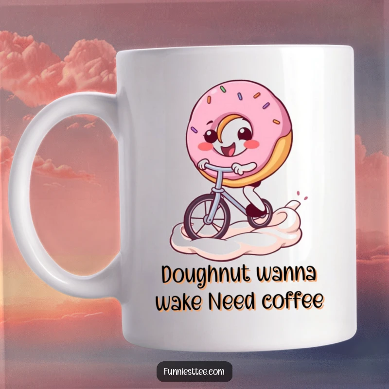 Funny donut mug with a smiling donut character riding a tiny unicycle on a colorful frosting swirl, expressing pure joy and balance.