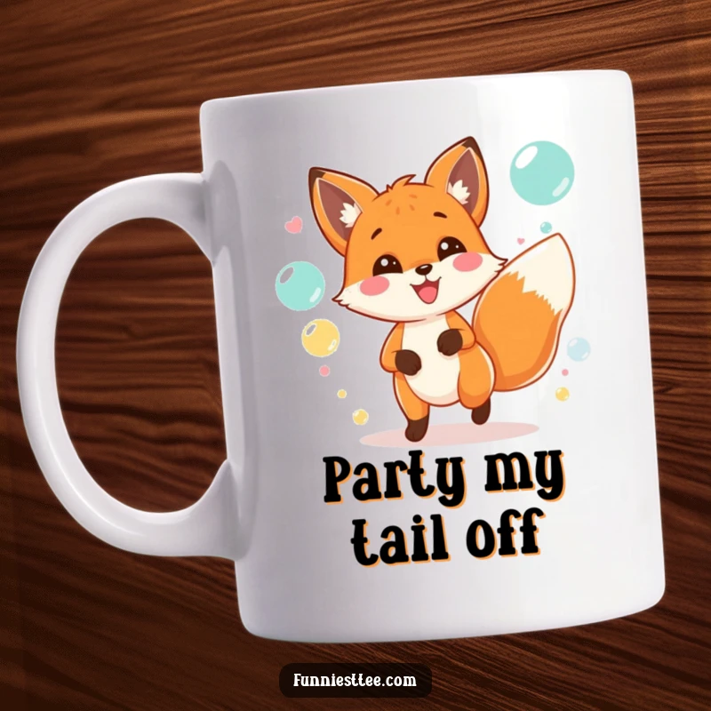 Funny mug with a cheerful fox wagging its tail, joyfully chasing bubbles at a lively, colorful party.