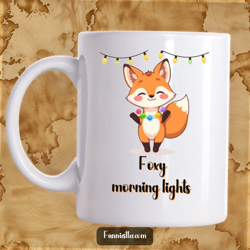 Funny mug showcasing a giggling fox in a festive garland dancing gleefully under string lights, embodying pure, joyful celebration.