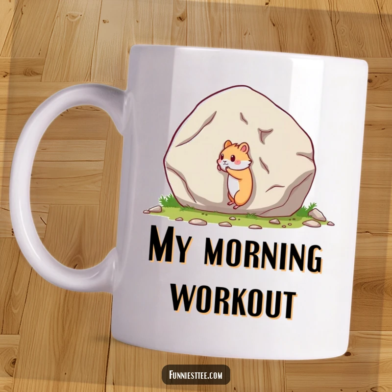 Funny mug featuring a determined tiny hamster heroically pushing a massive boulder uphill, showcasing perseverance with humor.