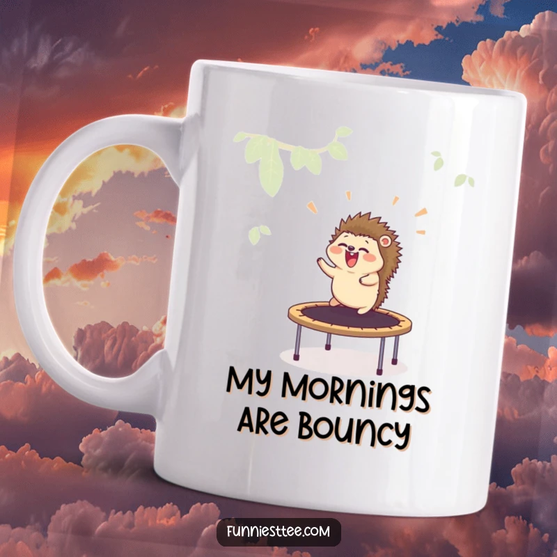 Funny mug featuring a giggling hedgehog joyfully launching itself high into the air from a trampoline, capturing pure, cartoonish glee.