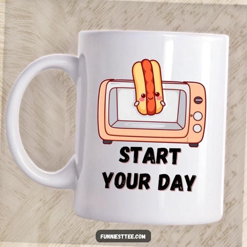 Funny hot dog mug showing a beaming hot dog popping excitedly out of a toaster oven, embodying a hilarious and delicious breakfast surprise.