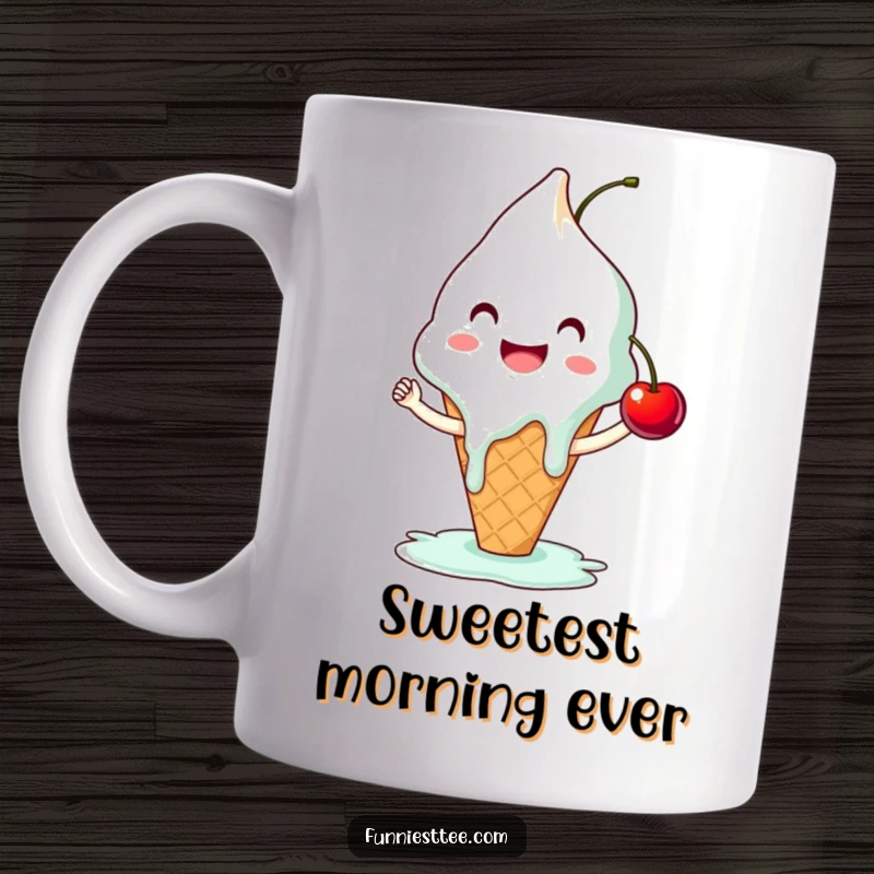 Funny ice cream cone melting slightly and smiling, attempting a high-five with a cherry, capturing a moment of sweet, clumsy joy.