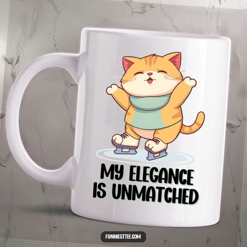 Funny Mug featuring a rotund cat hilariously attempting to ice skate, wobbling with oversized paws on an icy surface.