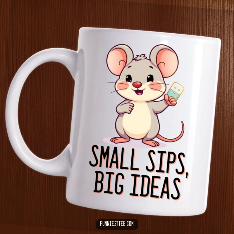 Funny cheerful mouse holding a glowing USB drive, pointing encouragingly at a screen, on a motivational mug.