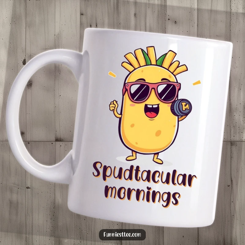 Funny potato mug with a potato character wearing sunglasses, holding a French fry like a microphone, striking a dramatic rockstar pose.