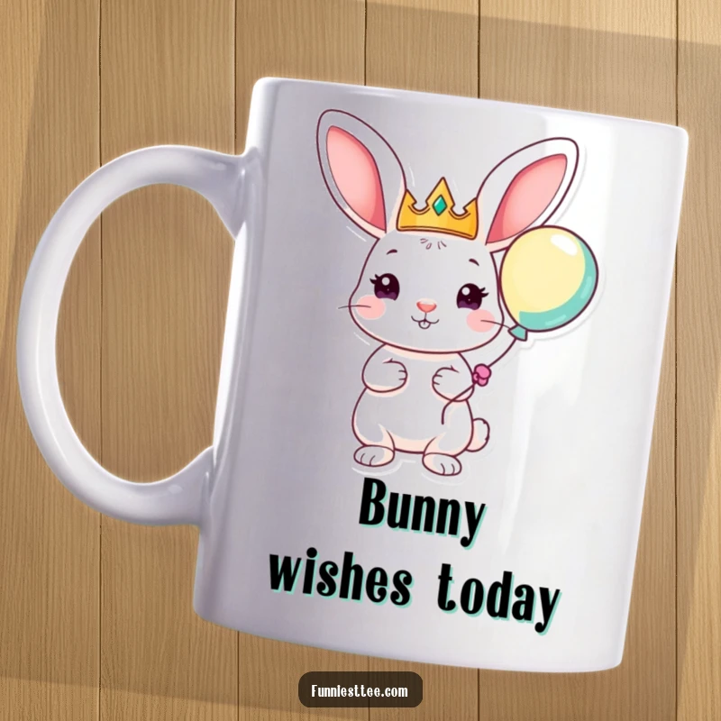 Funny mug featuring a playful rabbit with oversized ears, wearing a crown and holding a balloon, symbolizing royal fun and cheerful celebration.