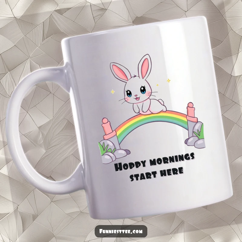 Funny mug featuring a playful rabbit with sparkling eyes leaping joyfully over a bright rainbow bridge.