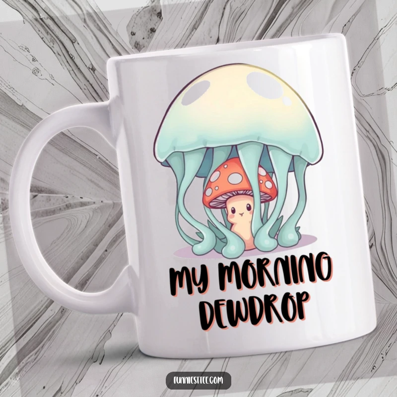 Funny shy mushroom character peeking from behind a giant, wobbly jelly on a mug, illustrating a cute and humorous hide-and-seek scene.