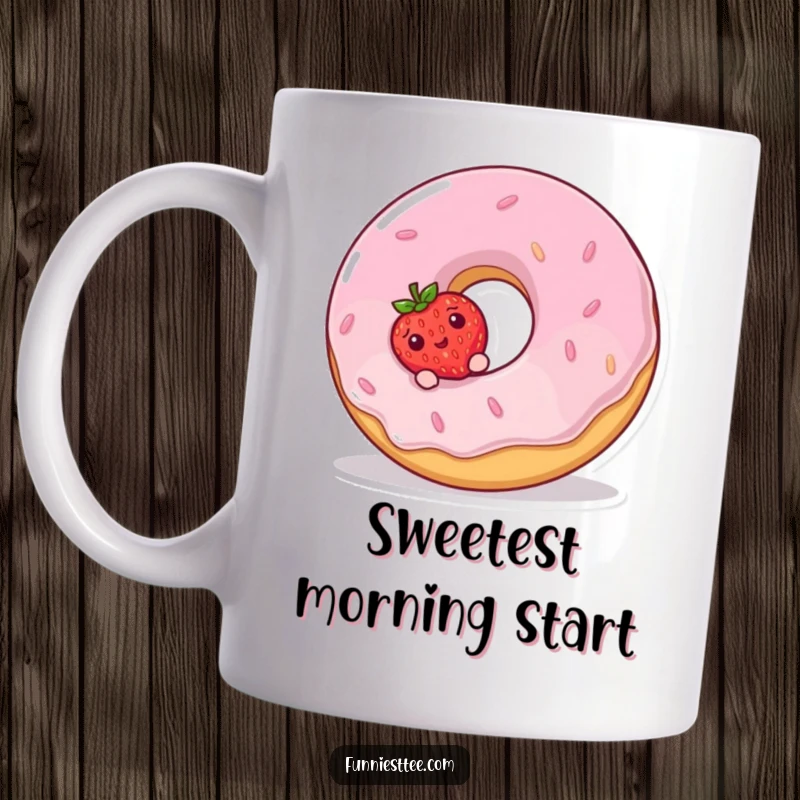 Funny Mug illustration of a shy strawberry peeking from behind a large, giggling donut with frosting and sprinkles.